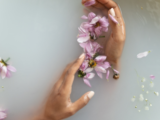manos en una bañera con flores lilas